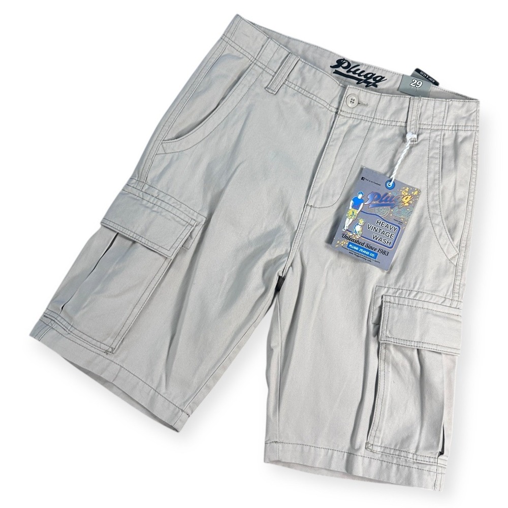 Plugg Mens Cargo Shorts‎ Heavy Vintage Wash Khaki Tan Cotton Size 29 NWT